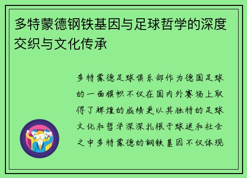 多特蒙德钢铁基因与足球哲学的深度交织与文化传承